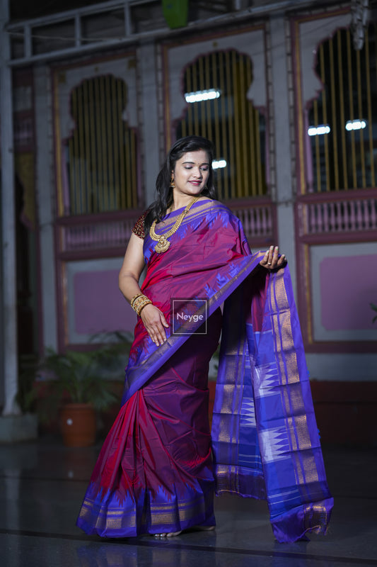 Neyge Ilkal Pure Cotton Silk Saree Temple Gadwal Chikkiparas Border Tope Pallu Saree - Majenta