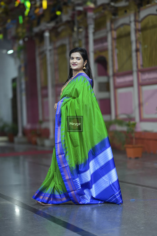 Neyge Ilkal Pure Cotton Silk Saree Temple Gadwal Chikkiparas Border Tope Pallu Saree - Green