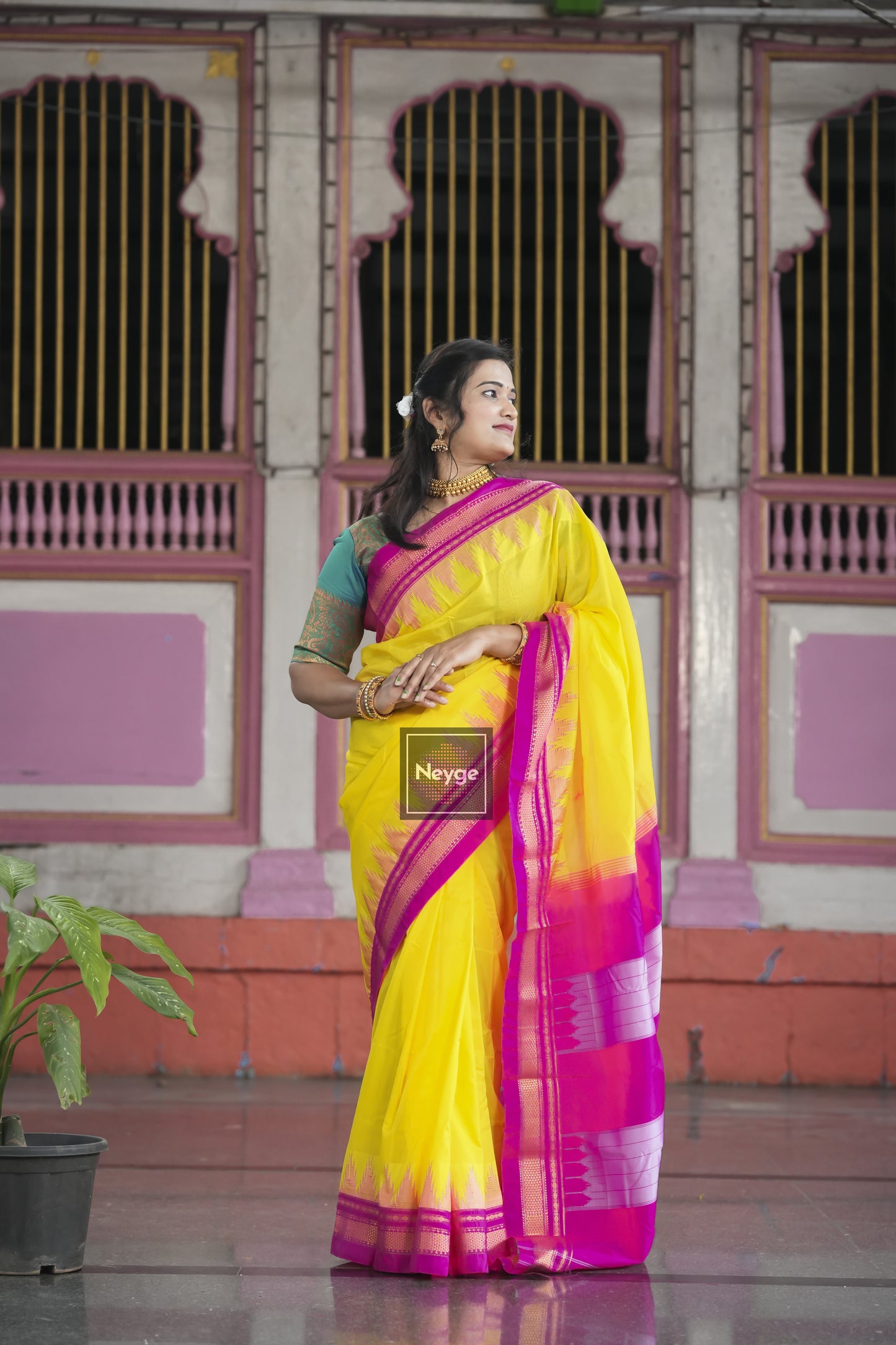 Neyge Ilkal Pure Cotton Silk Saree Temple Gadwal Chikkiparas Border Tope Pallu Saree - MangoYellow