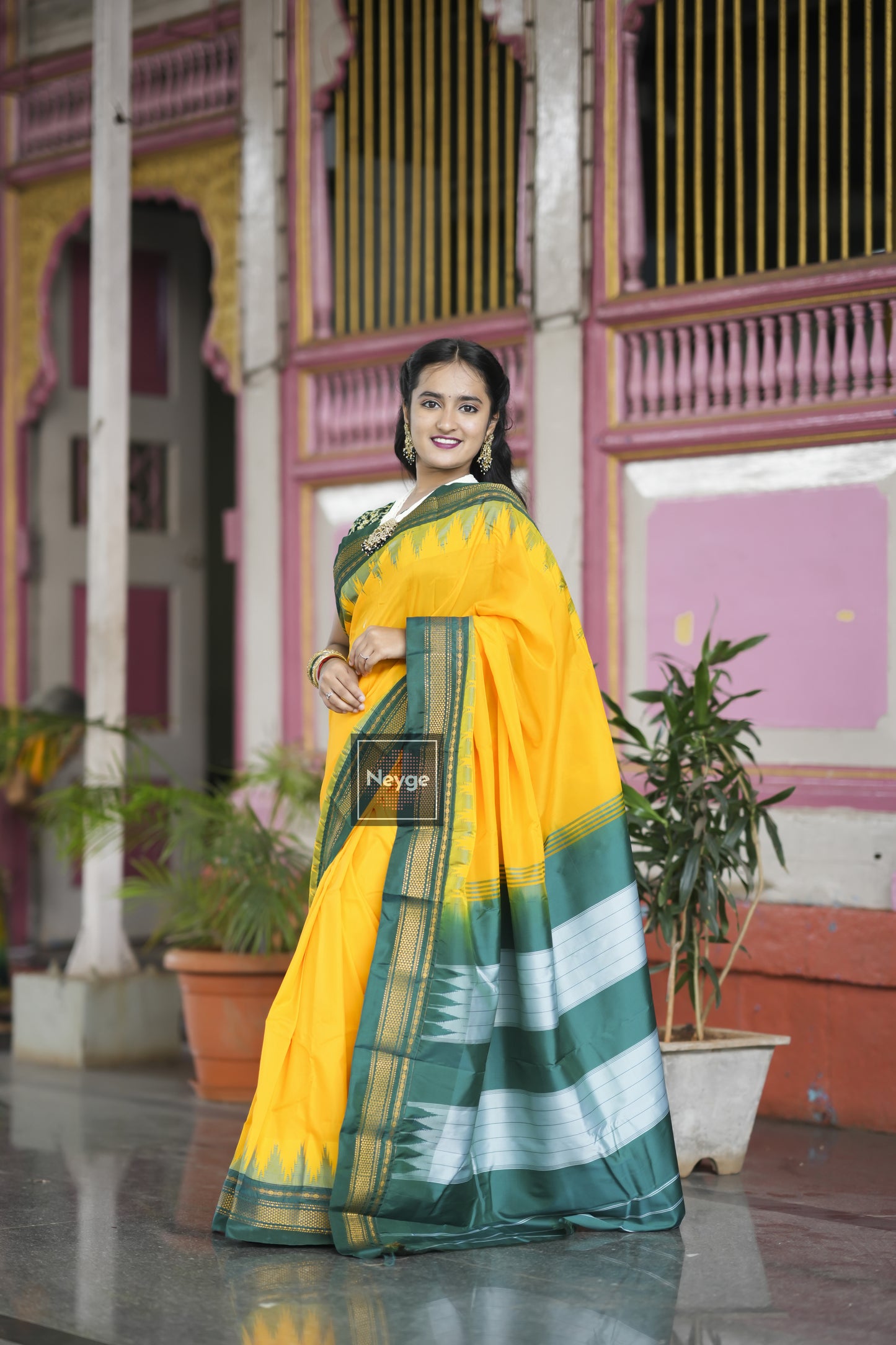 Neyge Ilkal Pure Cotton Silk Saree Temple Gadwal Chikkiparas Border Tope Pallu Saree - Yellow