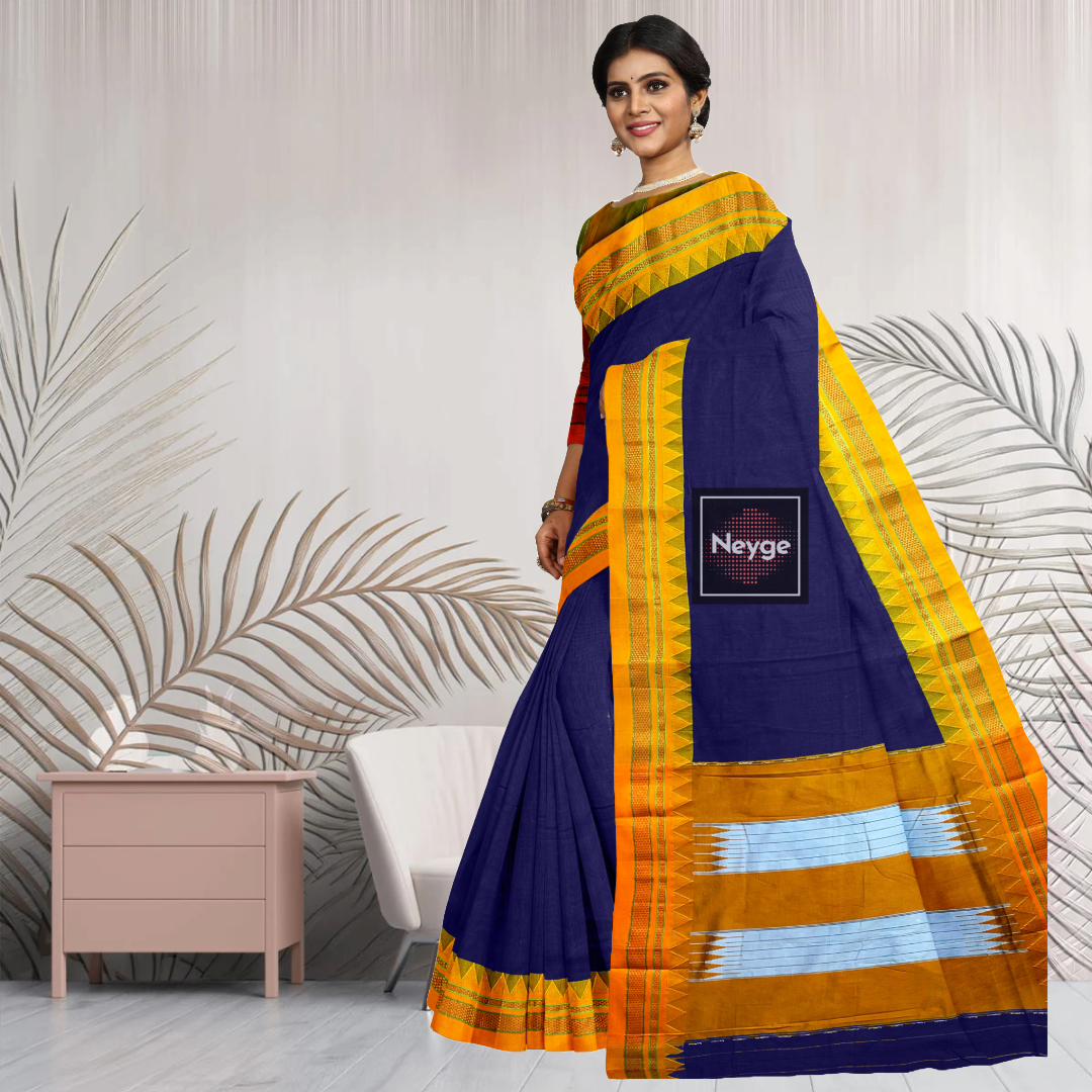 Neyge Ilkal Handwoven Masarai Cotton Silk  Plain Body Traditional Temple Border Tope Pallu Saree - Blue