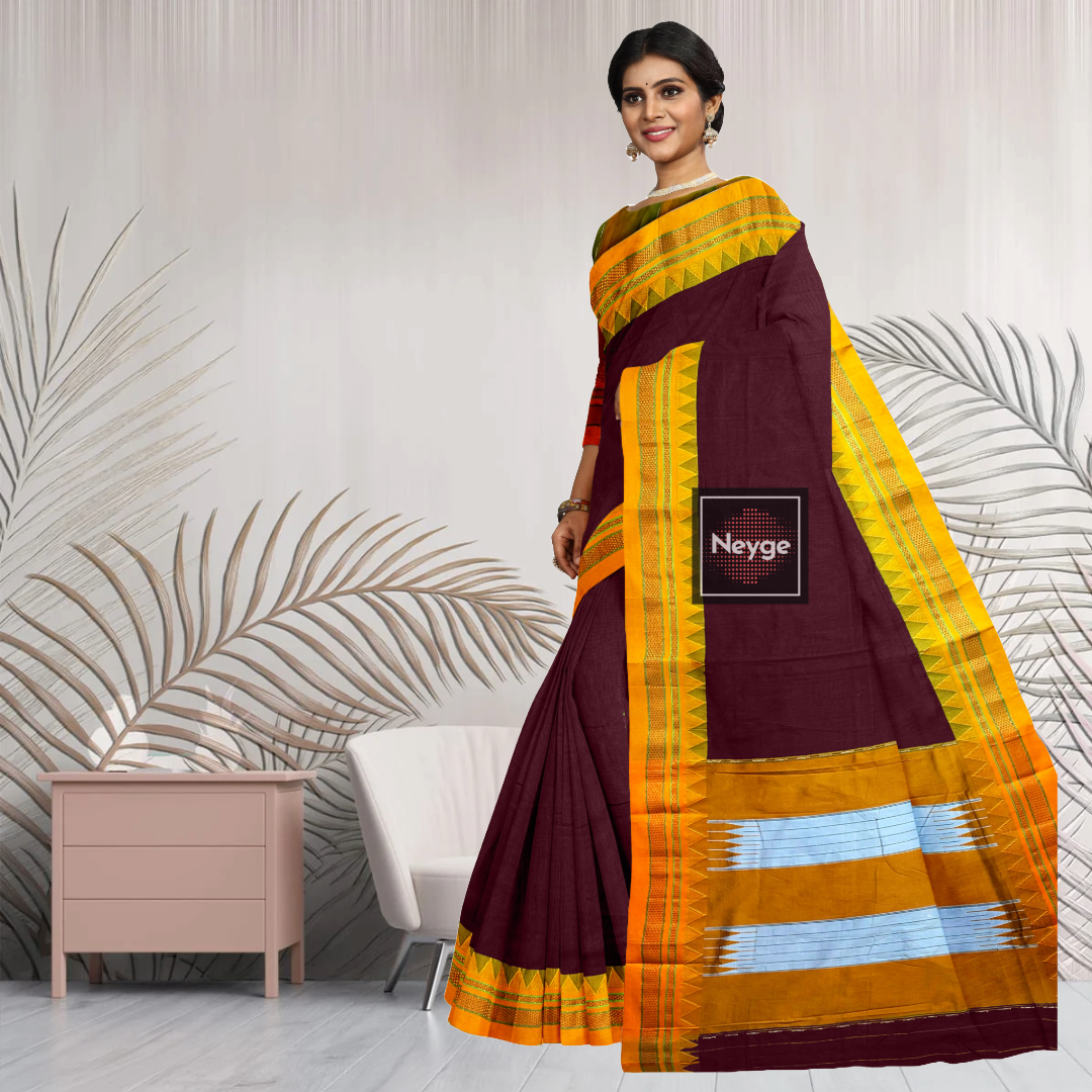 Neyge Ilkal Handwoven Masarai Cotton Silk  Plain Body Traditional Temple Border Tope Pallu Saree - Maroon