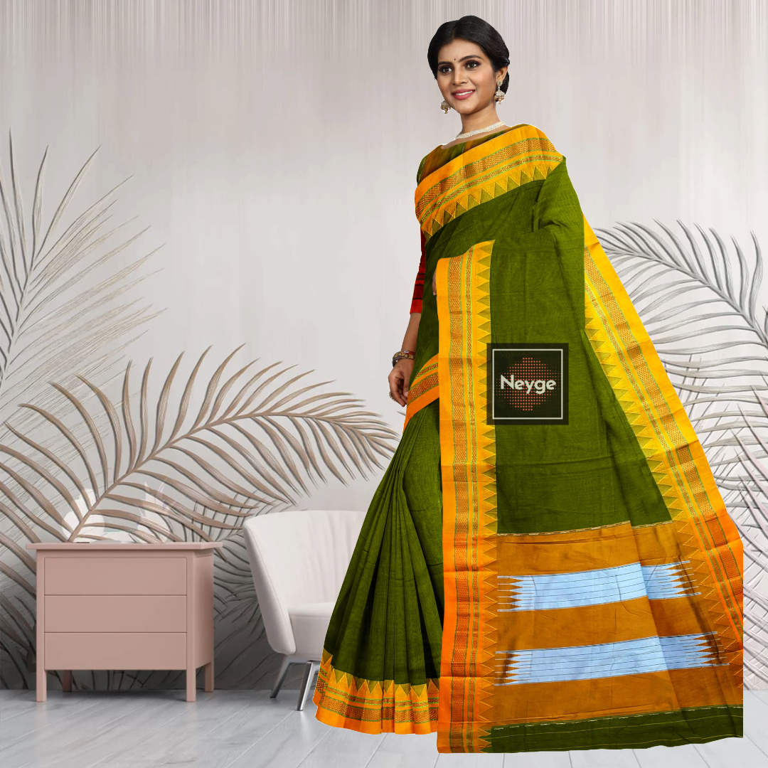 Neyge Ilkal Handwoven Masarai Cotton Silk  Plain Body Traditional Temple Border Tope Pallu Saree - Mehendi