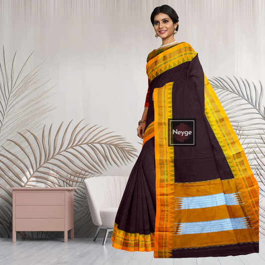 Neyge Ilkal Handwoven Masarai Cotton Silk  Plain Body Traditional Temple Border Tope Pallu Saree - Wine