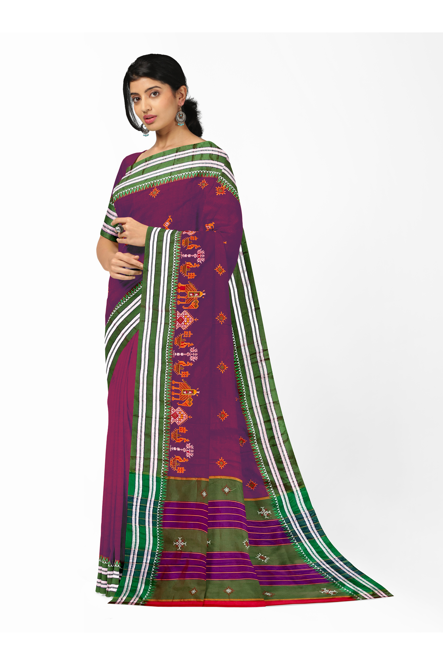 Neyge Ilkal Handwoven Cotton Silk Blend Kasuti Gomi Dadi Traditional Border Stripe Pallu Saree