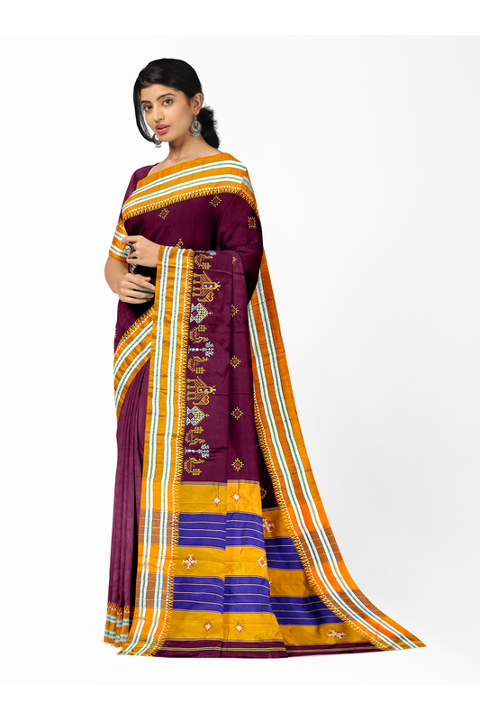 Neyge Ilkal Handwoven Cotton Silk Blend Kasuti Gomi Dadi Traditional Border Stripe Pallu Saree - Maroon