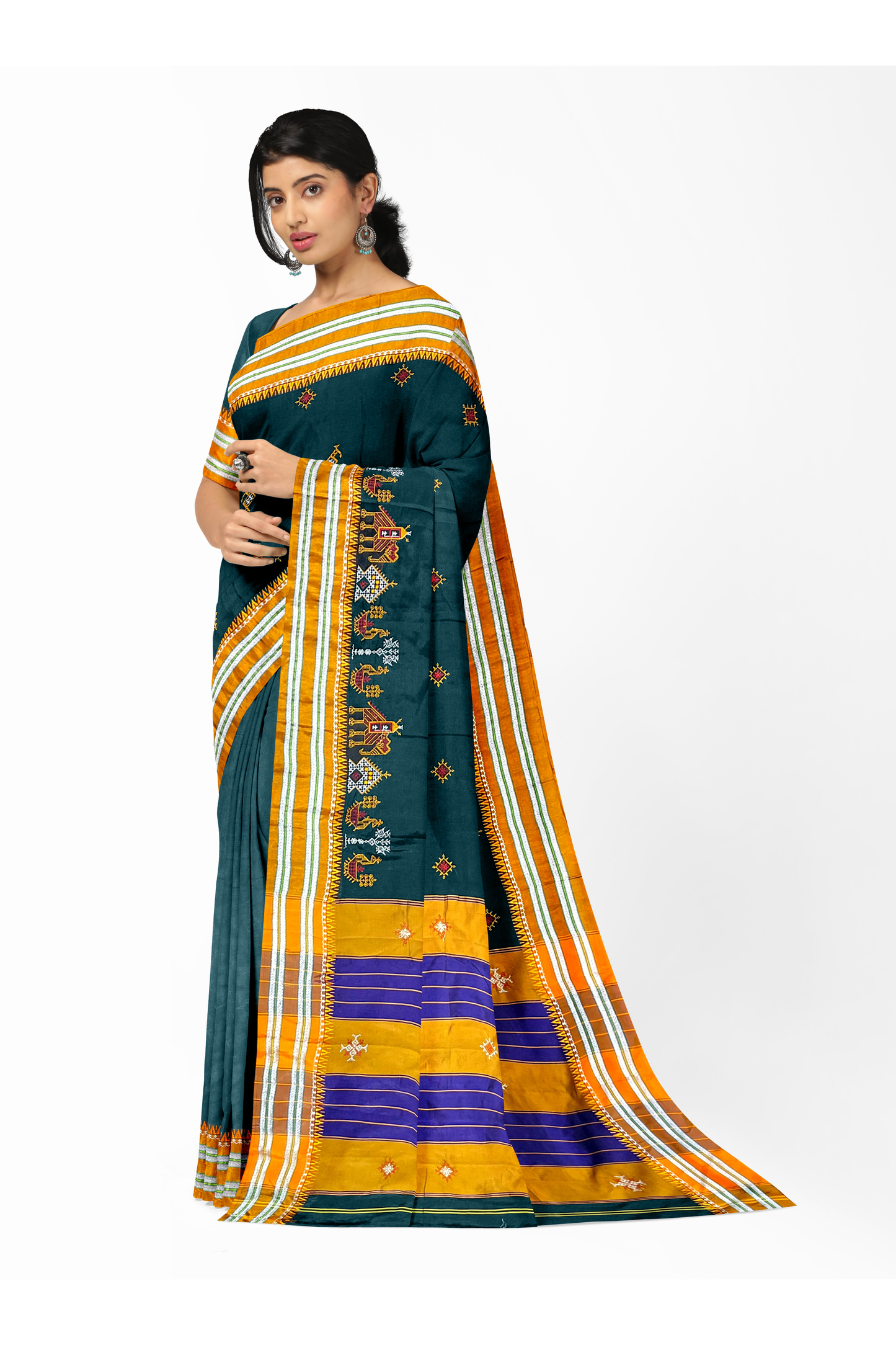 Neyge Ilkal Handwoven Cotton Silk Blend Kasuti Gomi Dadi Traditional Border Stripe Pallu Saree - Teal