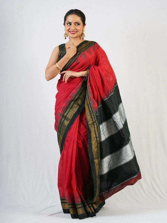 Neyge Ilkal Pure Cotton Silk Saree Temple Gadwal Chikkiparas Border Tope Pallu Saree - Red_Black