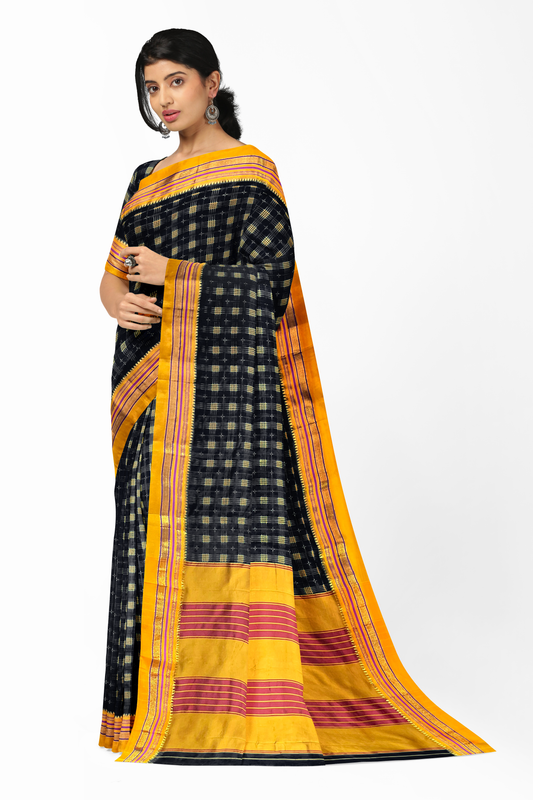 Neyge Ilkal Handwoven Cotton Silk Lining Star Patterened Traditional Satin Border Stripe Pallu Saree - Black