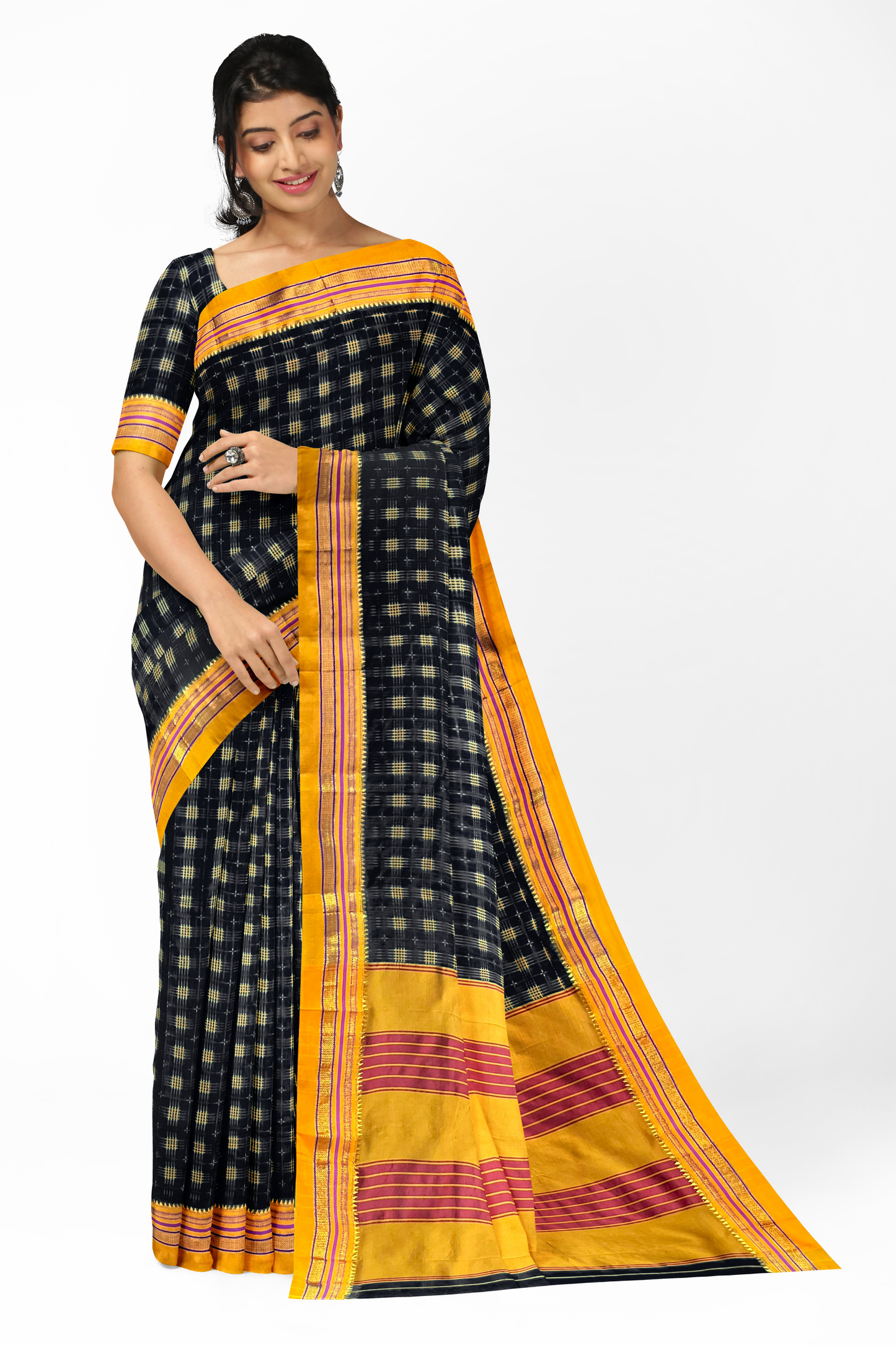 Neyge Ilkal Handwoven Cotton Silk Lining Star Patterened Traditional Satin Border Stripe Pallu Saree - Black