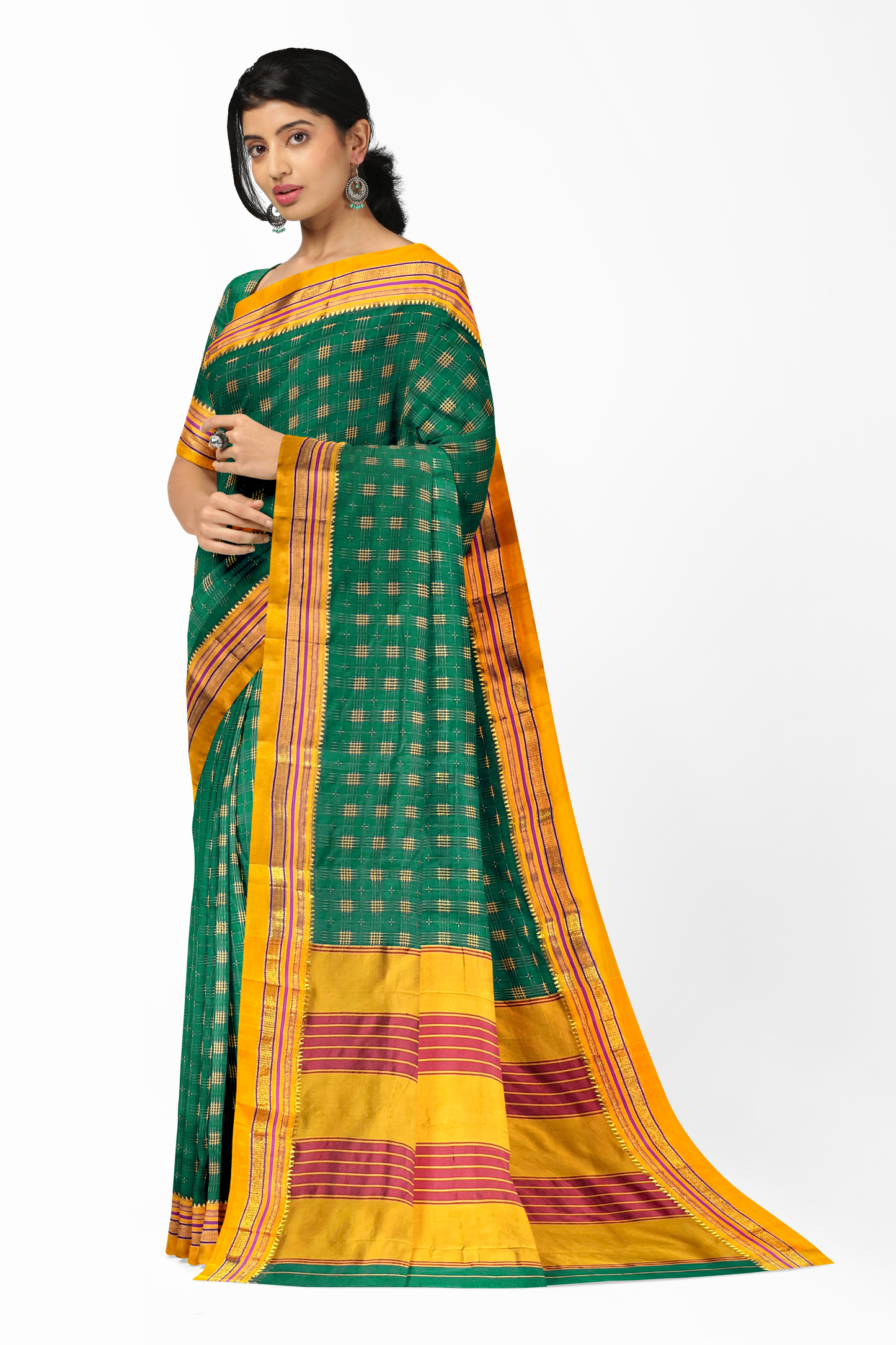 Neyge Ilkal Handwoven Cotton Silk Lining Star Patterened Traditional Satin Border Stripe Pallu Saree - Green