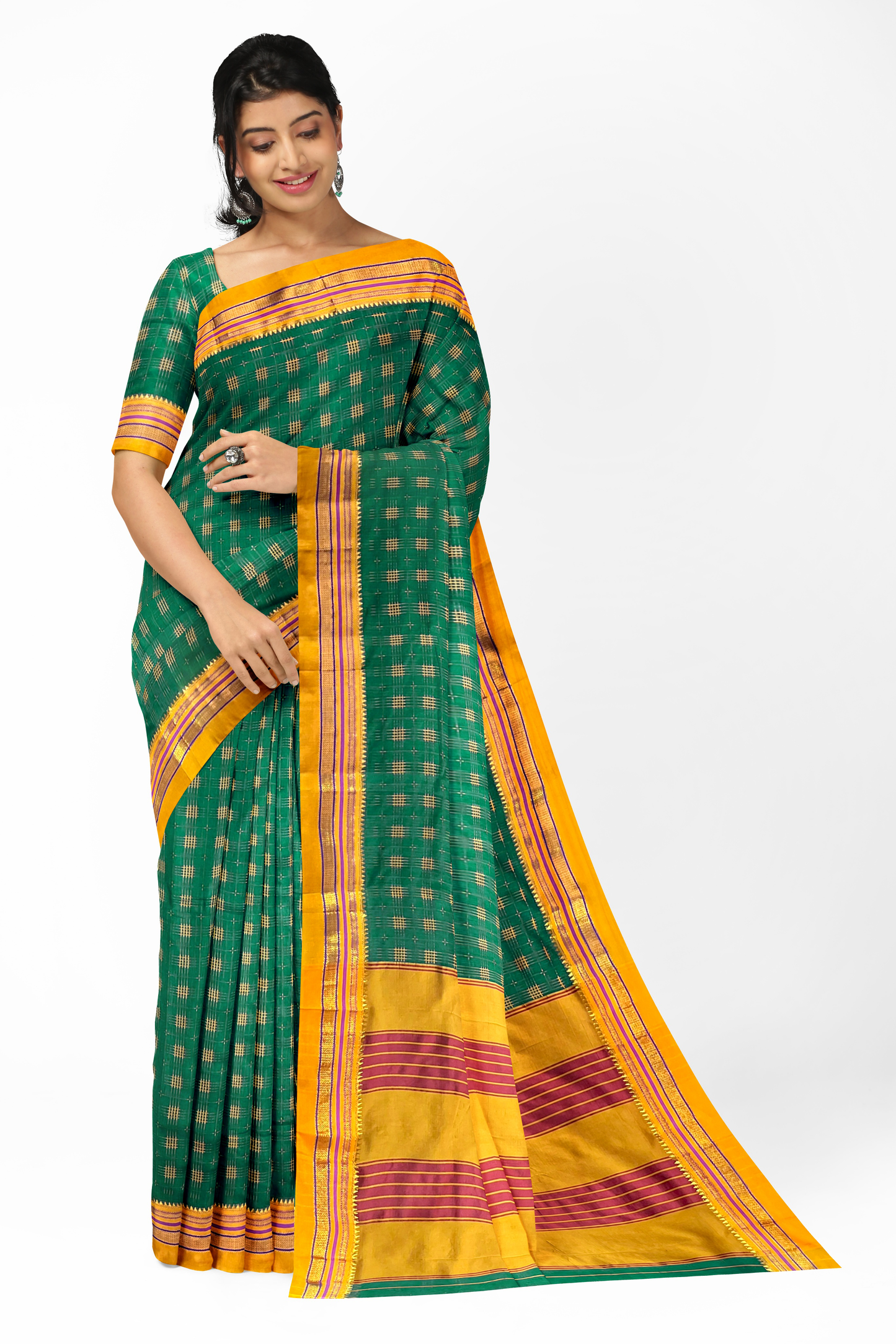 Neyge Ilkal Handwoven Cotton Silk Lining Star Patterened Traditional Satin Border Stripe Pallu Saree - Green