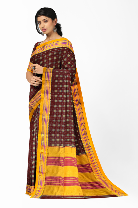 Neyge Ilkal Handwoven Cotton Silk Lining Star Patterened Traditional Satin Border Stripe Pallu Saree - Maroon