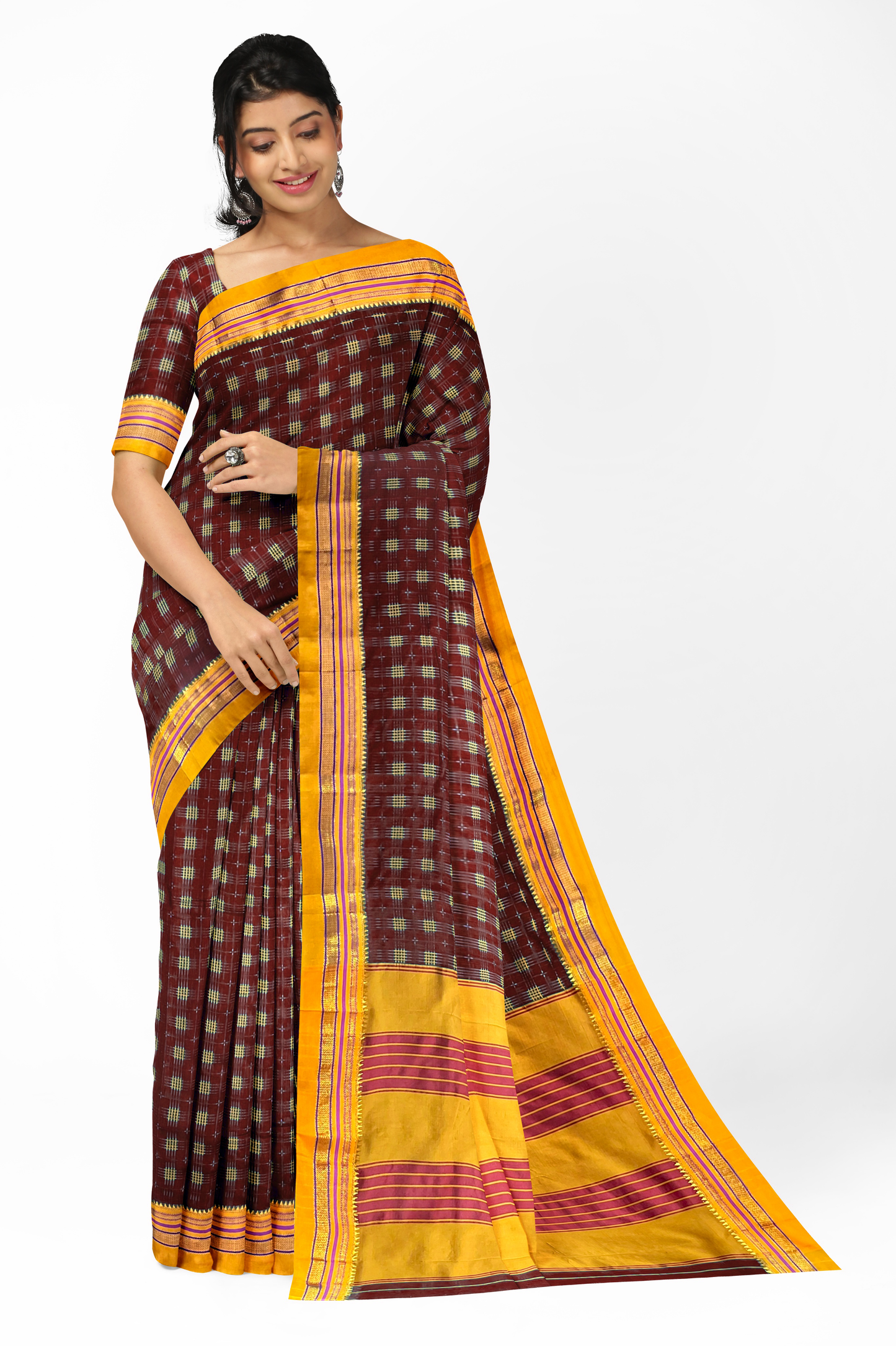 Neyge Ilkal Handwoven Cotton Silk Lining Star Patterened Traditional Satin Border Stripe Pallu Saree - Maroon