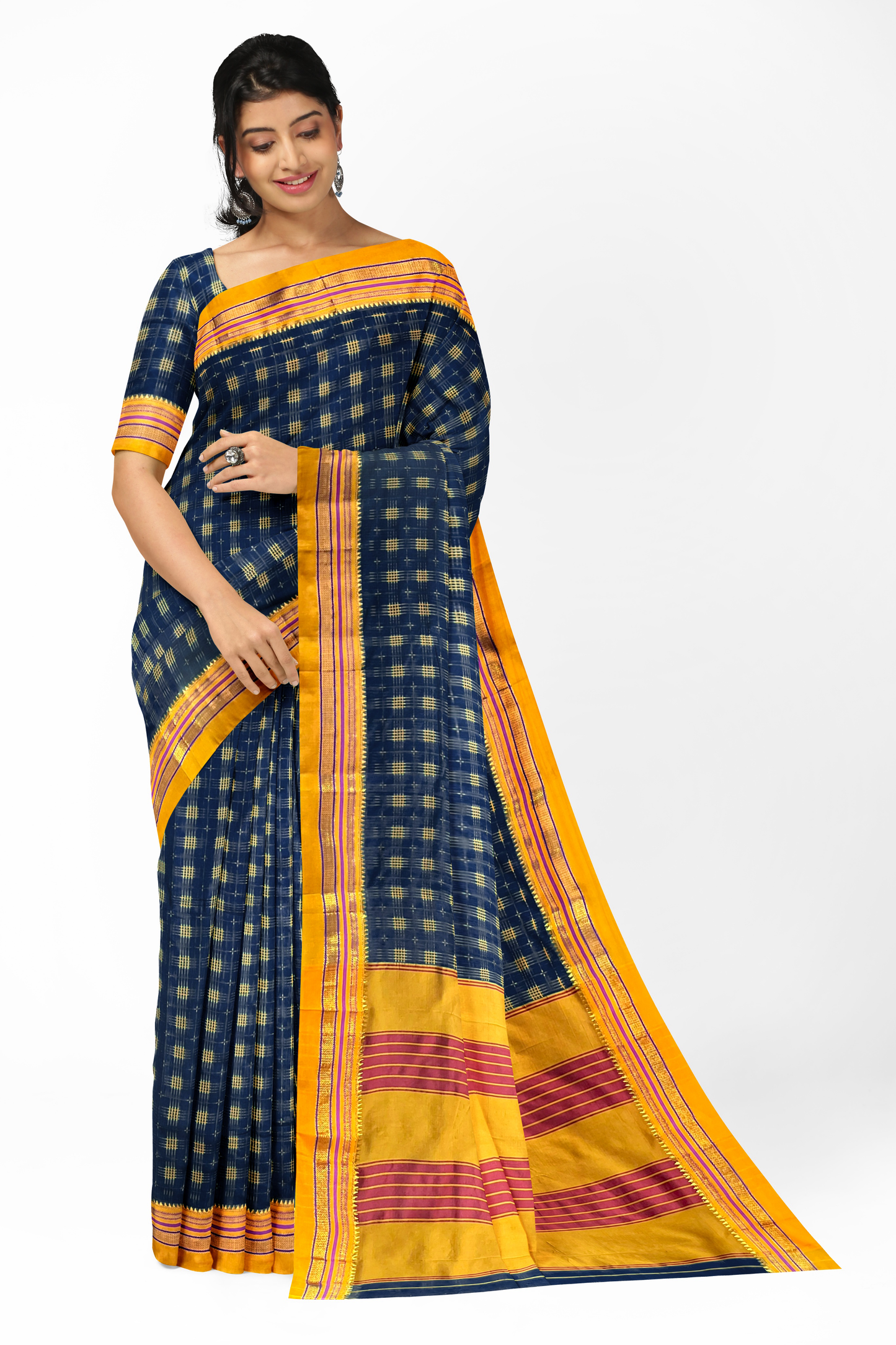 Neyge Ilkal Handwoven Cotton Silk Lining Star Patterened Traditional Satin Border Stripe Pallu Saree in Blue