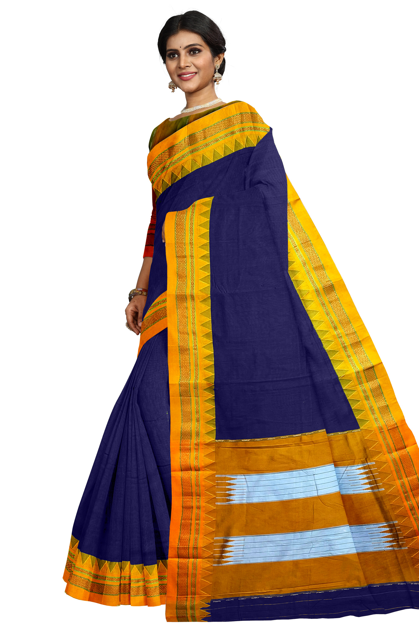 Neyge Ilkal Handwoven Masarai Cotton Silk Plain Body Traditional Temple Border Tope Pallu Saree