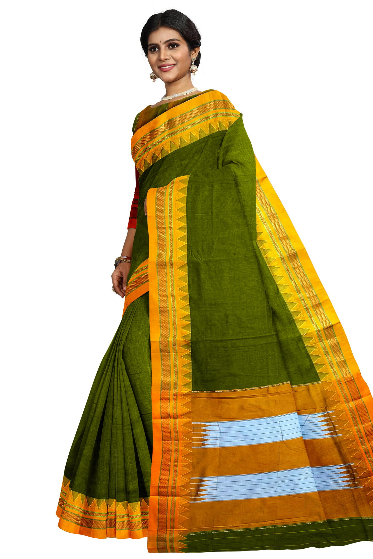 Neyge Ilkal Handwoven Masarai Cotton Silk Plain Body Traditional Temple Border Tope Pallu Saree