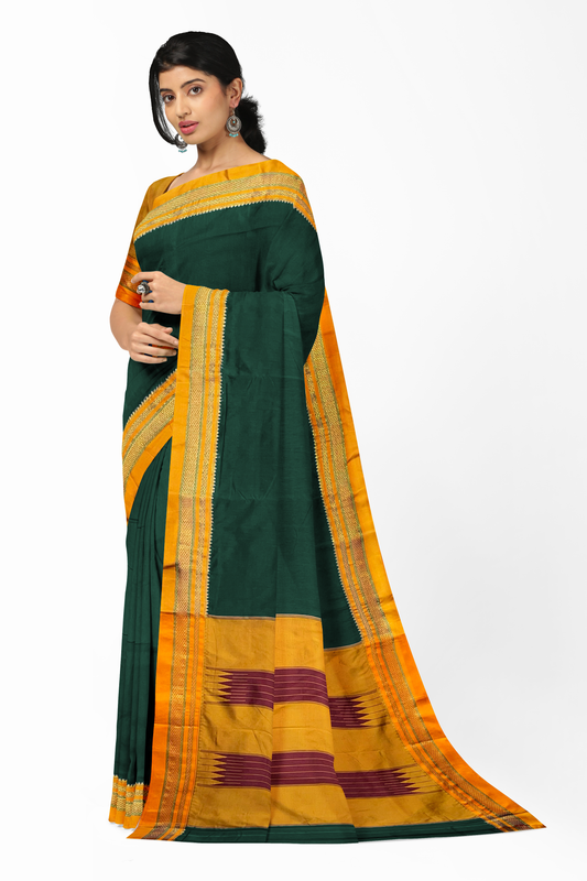 Neyge Ilkal Handwoven Masarai Cotton Silk Plain Body Traditional Chikki paras Border Tope Pallu Saree - Green