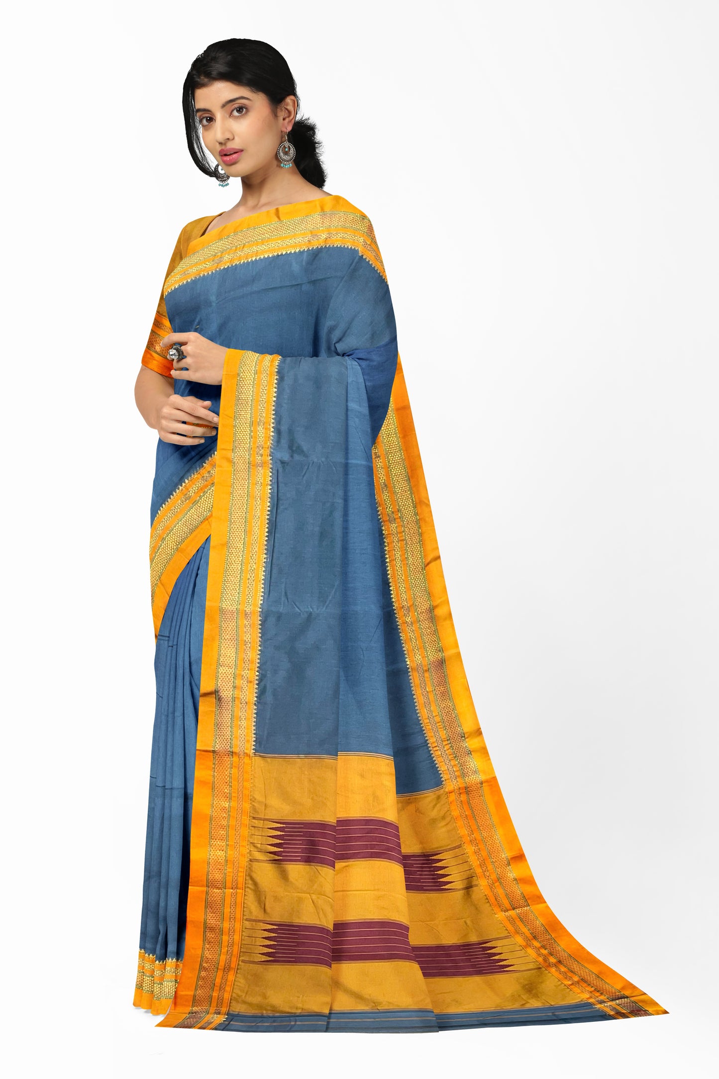 Neyge Ilkal Handwoven Masarai Cotton Silk Plain Body Traditional Chikki paras Border Tope Pallu Saree