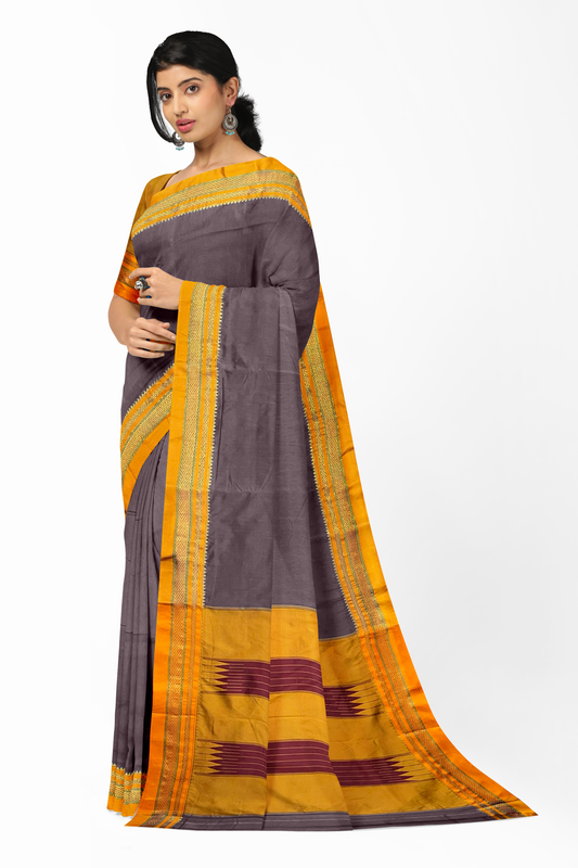 Neyge Ilkal Handwoven Masarai Cotton Silk Plain Body Traditional Chikki paras Border Tope Pallu Saree - Grey