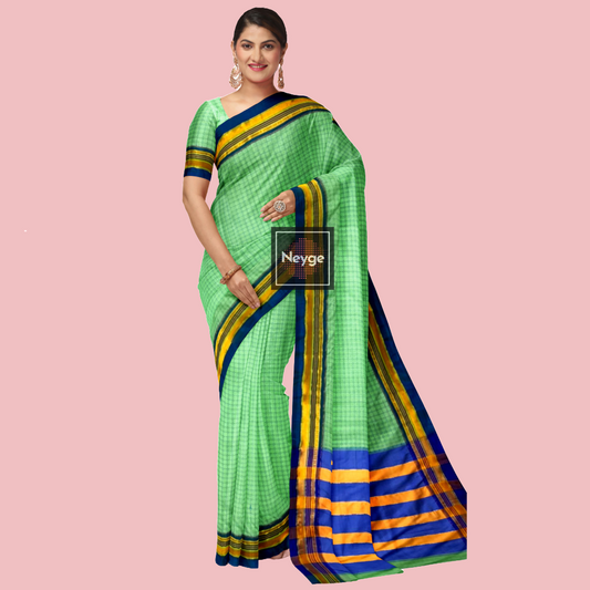 Neyge Ilkal Handwoven Cotton Silk Chikki Patteren Jari Woven Border Stripe Pallu Saree - PistaGreen