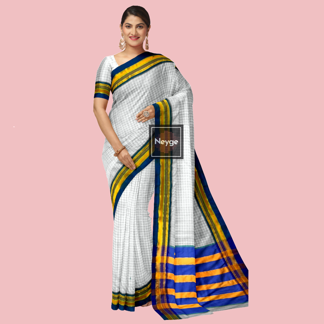 Neyge Ilkal Handwoven Cotton Silk Chikki Patteren Jari Woven Border Stripe Pallu Saree - White