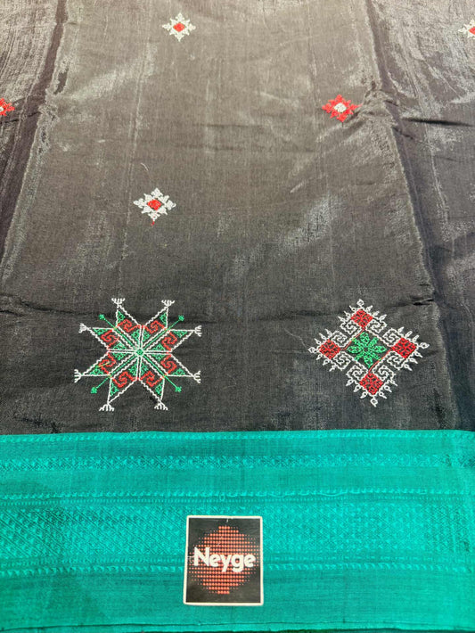 Neyge Ilkal Handloom Cotton Silk Dharwad Kasuti Saree Chikkiparas Border Pure Silk Tope Pallu - Black