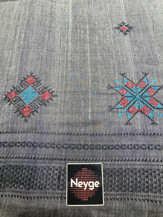 Neyge Ilkal Handloom Cotton Silk Dharwad Kasuti Saree Chikkiparas Border Pure Silk Tope Pallu - Grey