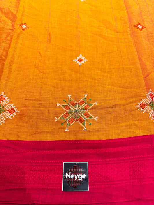 Neyge Ilkal Handloom Cotton Silk Dharwad Kasuti Saree Chikkiparas Border Pure Silk Tope Pallu - Orange