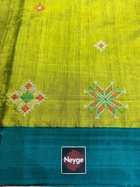 Neyge Ilkal Handloom Cotton Silk Dharwad Kasuti Saree Chikkiparas Border Pure Silk Tope Pallu - ParrotGreen