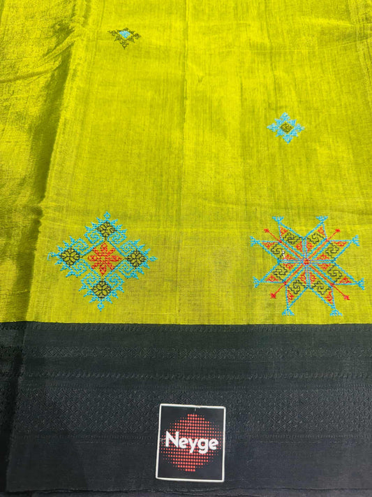 Neyge Ilkal Handloom Cotton Silk Dharwad Kasuti Saree Chikkiparas Border Pure Silk Tope Pallu - ParrotGreen_Black