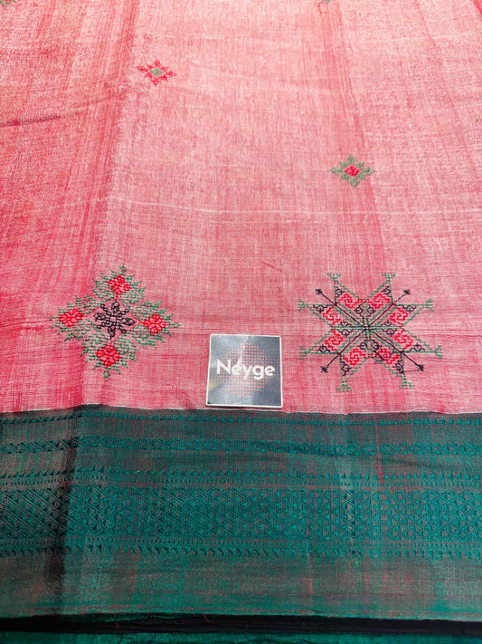 Neyge Ilkal Handloom Cotton Silk Dharwad Kasuti Saree Chikkiparas Border Pure Silk Tope Pallu - PinkGreen