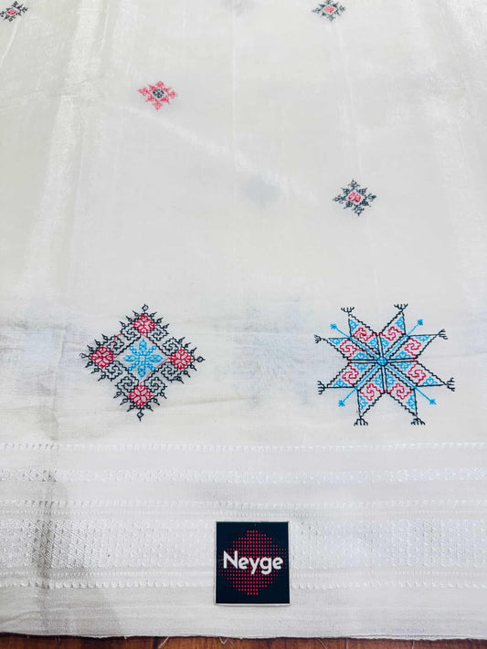 Neyge Ilkal Handloom Cotton Silk Dharwad Kasuti Saree Chikkiparas Border Pure Silk Tope Pallu - White