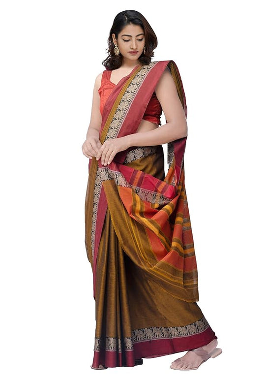 Neyge Traditional Pure Cotton Narayanpet Saree With Elephant Motif Border Stripe Pallu Saree - Mustard