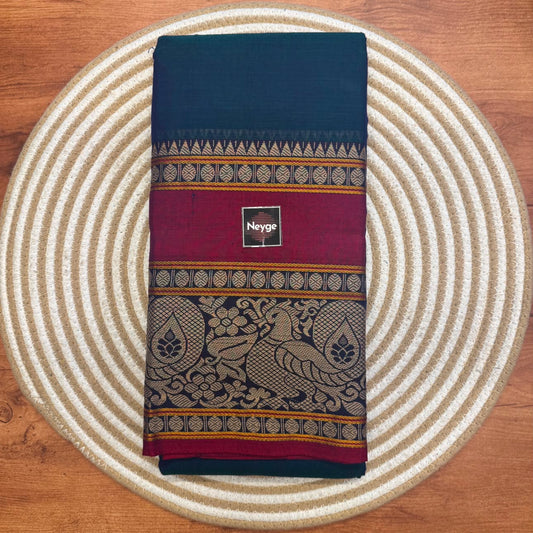 Neyge Pure Cotton Narayanpet Thread Woven Skirt Border Stripe Pallu Saree -   (Blue)
