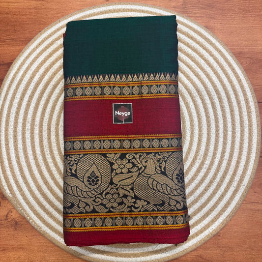 Neyge Pure Cotton Narayanpet Thread Woven Skirt Border Stripe Pallu Saree -  (Bottle Green)