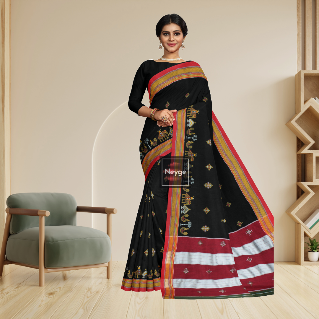 Neyge Ilkal Handwoven Cotton Silk Kasuti Chikki Paras Traditional Border Stripe Pallu Saree - Black