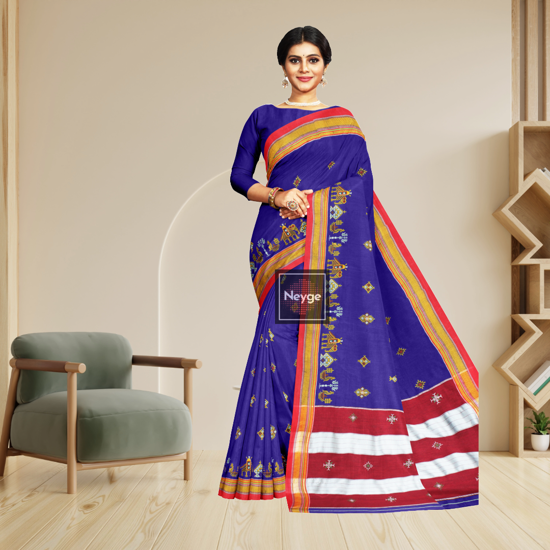 Neyge Ilkal Handwoven Cotton Silk Kasuti Chikki Paras Traditional Border Stripe Pallu Saree - RoyalBlue