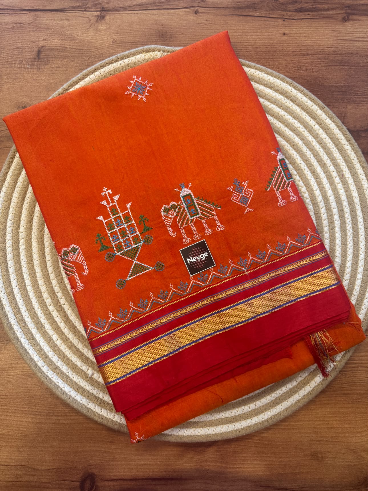 Neyge Ilkal Traditional Cotton Silk Kasuti Handloom Saree with Pure Silk Tope Pallu - Orange