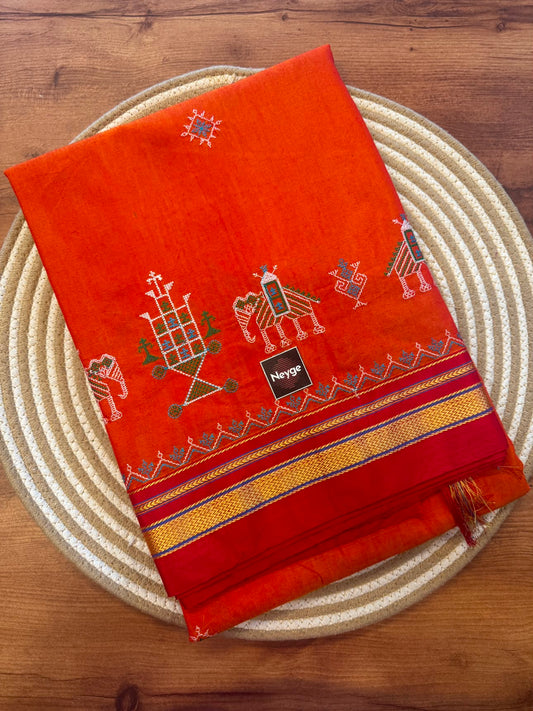 Neyge Ilkal Traditional Cotton Silk Kasuti Handloom Saree with Pure Silk Tope Pallu - Orange