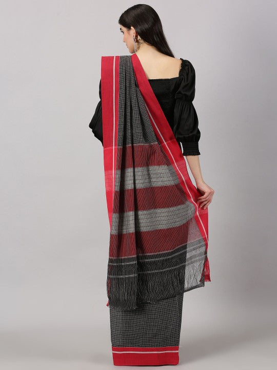 Neyge Ilkal Patteda Anchu Pure Cotton Elegant Checkered Pattern Plain Border Stripe Pallu - Red