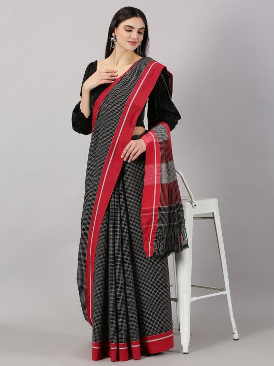 Neyge Ilkal Patteda Anchu Pure Cotton Elegant Checkered Pattern Plain Border Stripe Pallu - Red