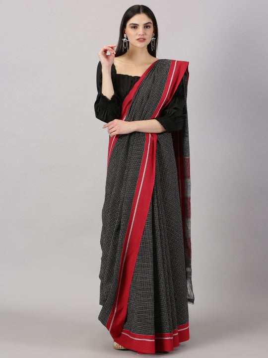 Neyge Ilkal Patteda Anchu Pure Cotton Elegant Checkered Pattern Plain Border Stripe Pallu - Red