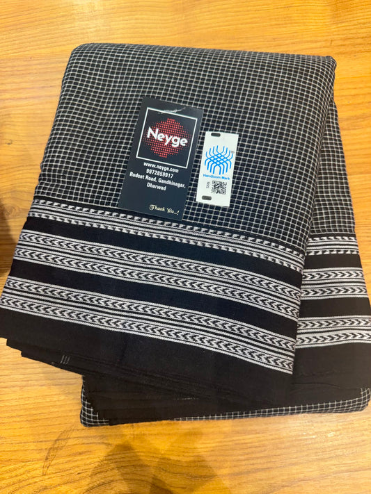 Neyge Ilkal Patteda Anchu Pure Cotton Elegant Checkered Pattern Plain Border Stripe Pallu - Black