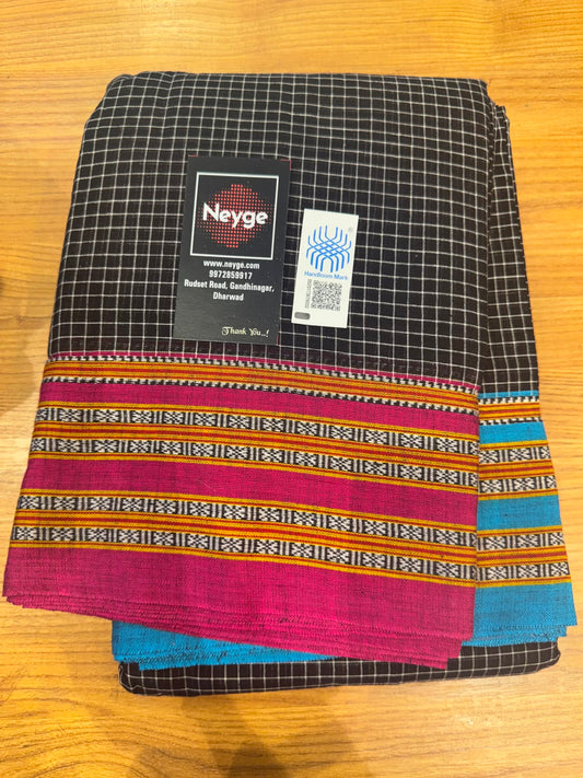Neyge Ilkal Patteda Anchu Pure Cotton Checkered Pattern Gadi Dadi Border Stripe Pallu - Black