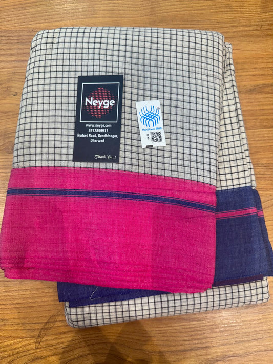 Neyge Ilkal Patteda Anchu Pure Cotton Elegant Checkered Pattern Plain Border Stripe Pallu - Cream