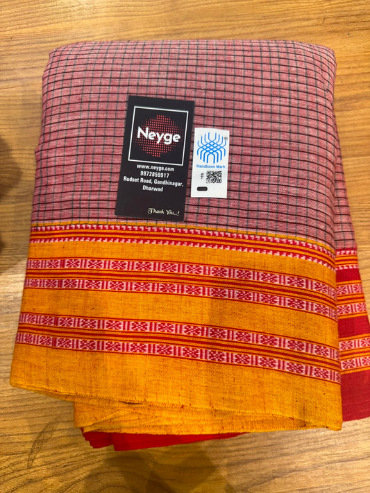 Neyge Ilkal Patteda Anchu Pure Cotton Elegant Checkered Pattern Plain Border Stripe Pallu - Pink