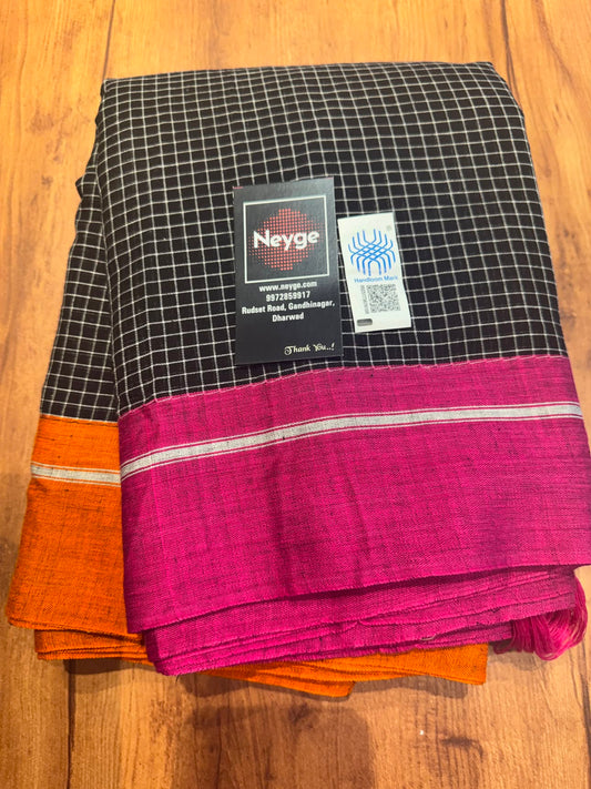 Neyge Ilkal Patteda Anchu Pure Cotton Elegant Checkered Pattern Plain Border Stripe Pallu - Black