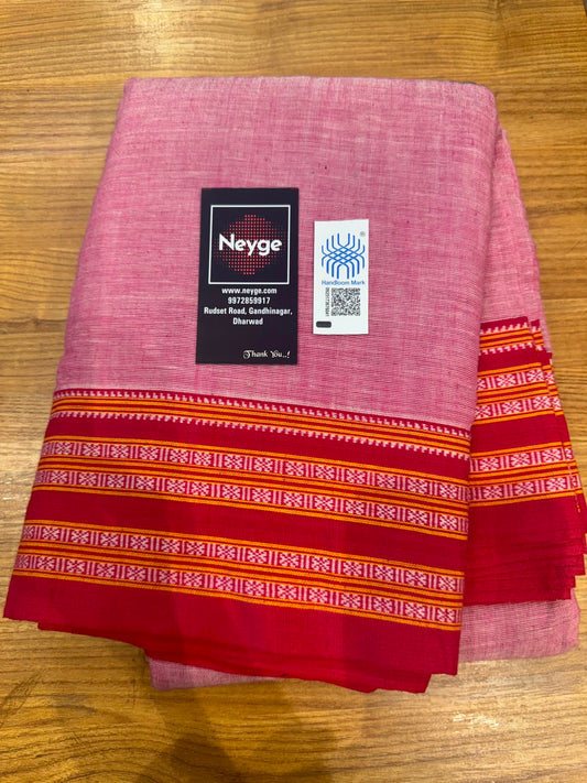 Neyge Ilkal Patteda Anchu Pure Cotton Elegant Checkered Pattern Plain Border Stripe Pallu - Pink