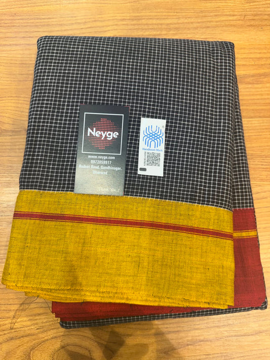 Neyge Ilkal Patteda Anchu Pure Cotton Elegant Checkered Pattern Plain Border Stripe Pallu - Yellow Red